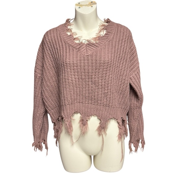 Love Tree size small Distressed Knit Sweater - dark pink deep V neck - Picture 1 of 7